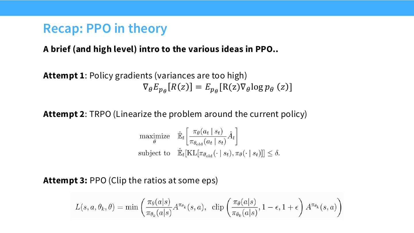 PPO 理论回顾：policy gradient、TRPO 与 clipped objective。