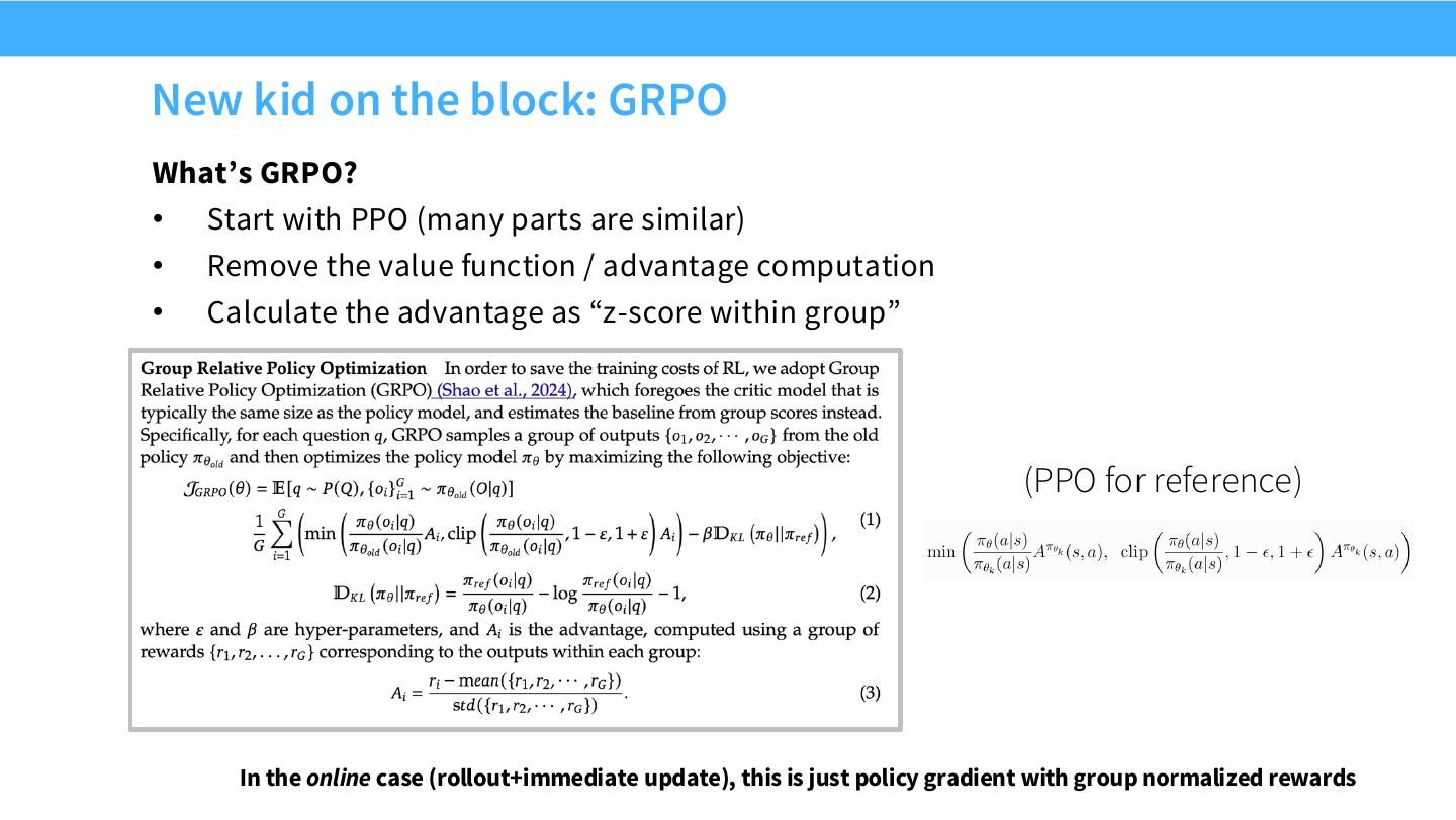 GRPO：保留 PPO ratio/KL，去掉 value function，用组内 z-score advantage。