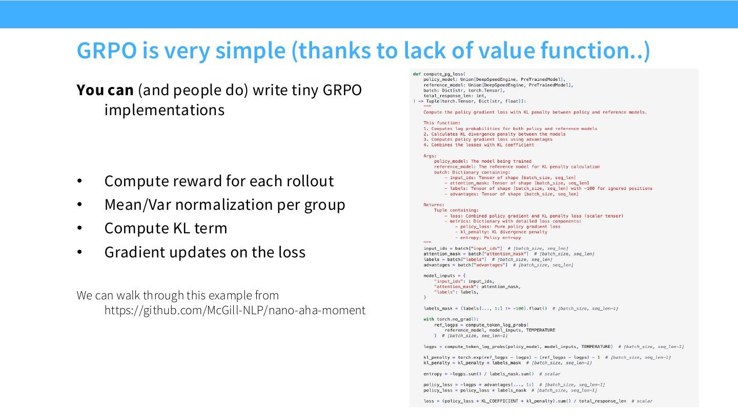 GRPO 的最小实现结构：rollout、reward normalization、policy loss、KL。