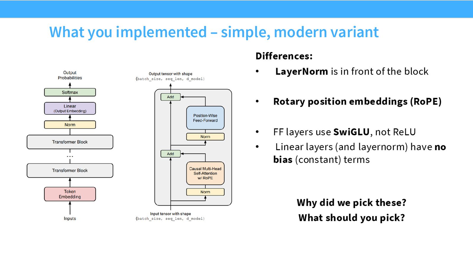 课程作业实现的现代 Transformer 变体：Pre-norm、RoPE、SwiGLU、无偏置项