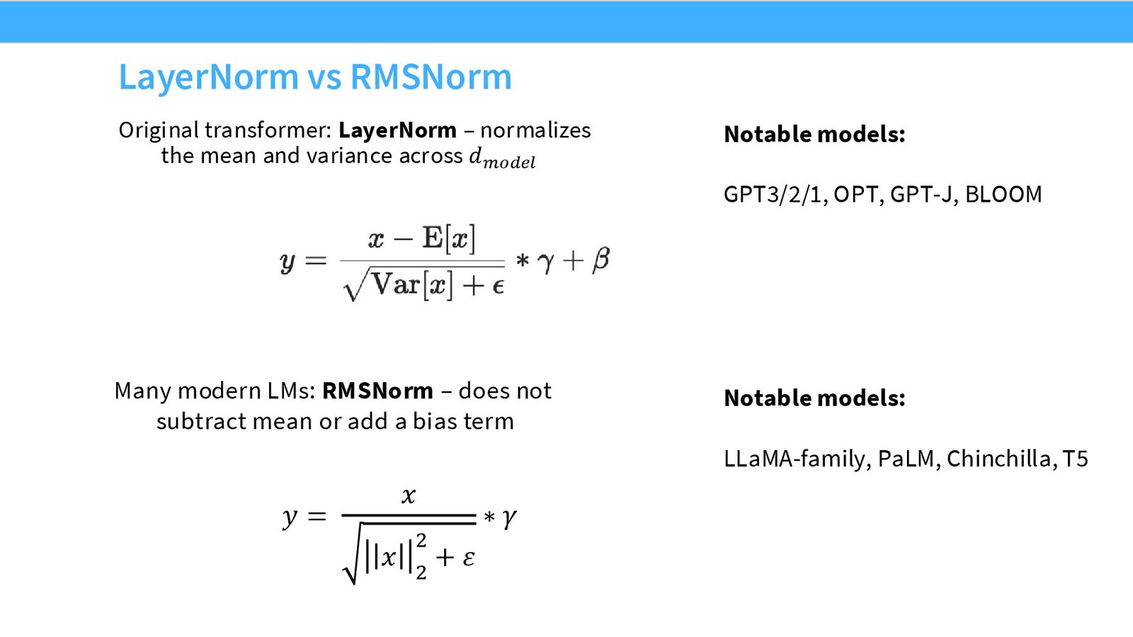 RMS Norm 的消融实验：RMS Norm 在步/秒（3.68 vs 3.50）和最终 loss 上都优于标准 LayerNorm