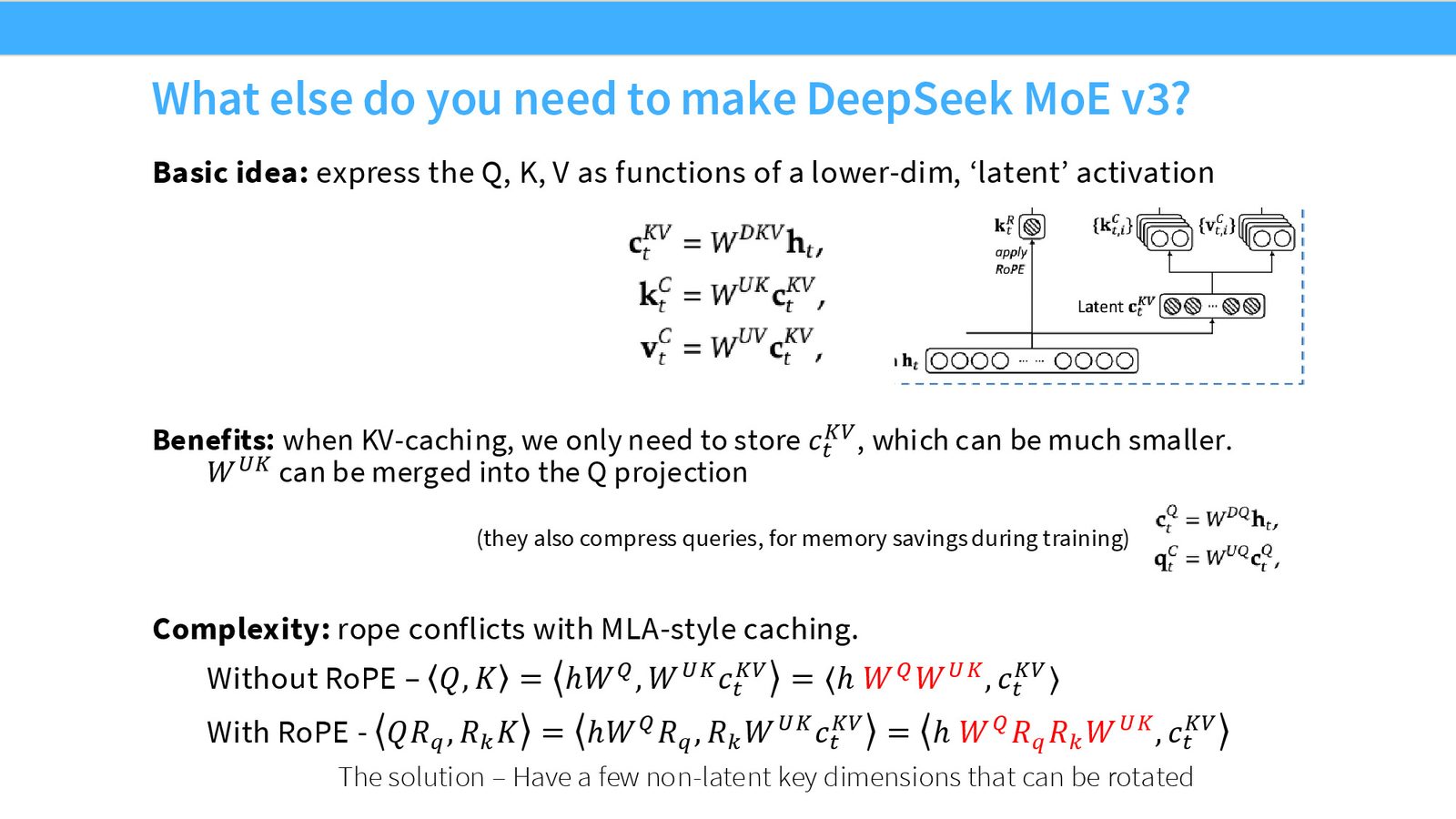 Multi-head Latent Attention：将 KV 投影到低维潜在空间 \(c\)，缓存 \(c\) 而非全维度 KV，推理时上投影回 KV