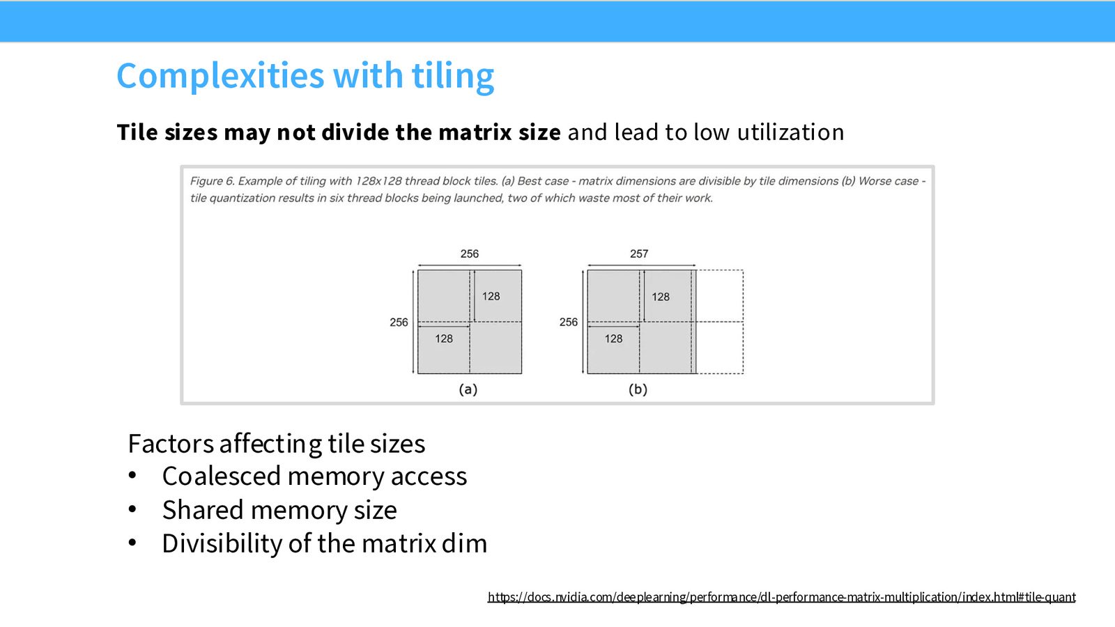 Tiled 矩阵乘法：将矩阵 M 和 N 切分为小 tile，每次加载一对 tile 到 Shared Memory，计算部分和，逐步累加
