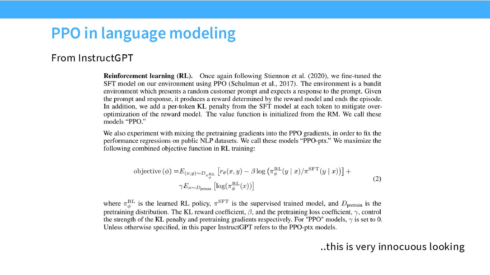 InstructGPT 论文中的 RLHF 目标函数（Equation 2）