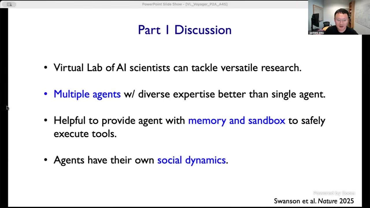 Virtual Lab 讨论页：多 Agent 协作优于单 Agent，并强调 memory/sandbox