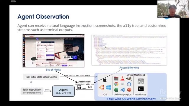 视频约 00:16:30：讲者展示 screenshot 与 accessibility tree 的组合观察形式