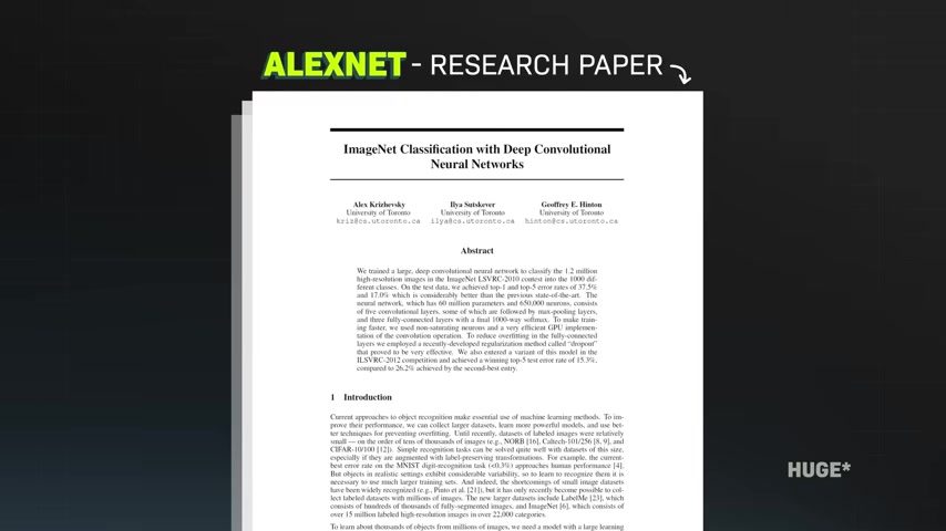 访谈中展示 AlexNet 论文封面，强调其范式意义