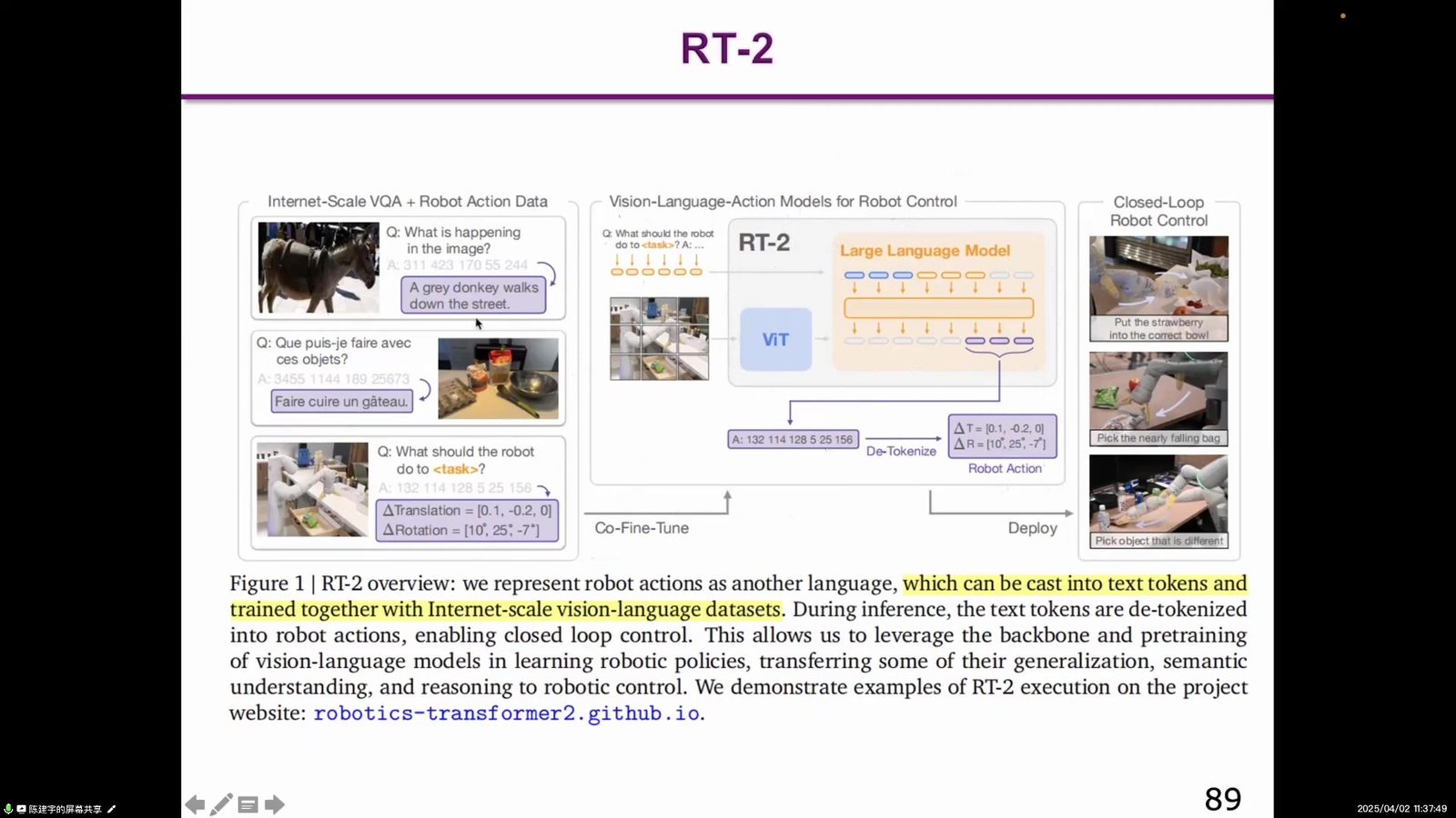 RT-2:Vision-Language-Action Models transfer web knowledge to robotic control。投屏帧,约 01:23:21。