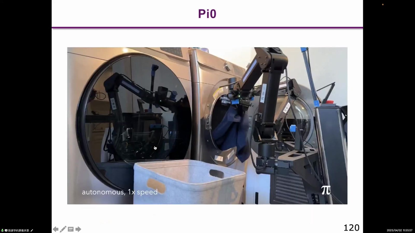 pi0:Vision-Language-Action Flow Model for General Robot Control。投屏帧,约 01:40:38。