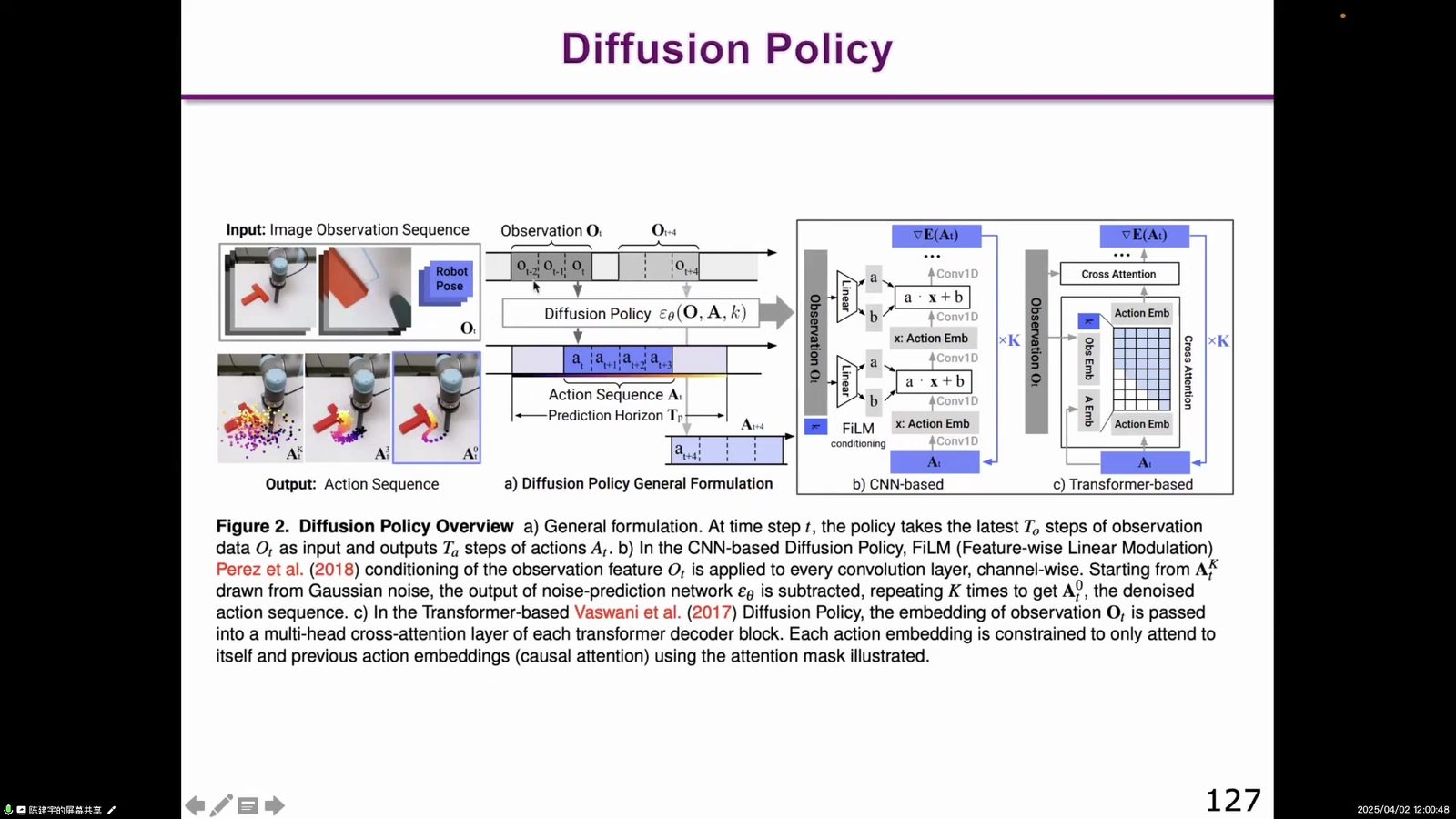 Diffusion Policy:通过动作扩散学习 visuomotor policy。投屏帧,约 01:45:20。